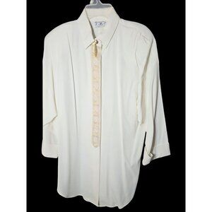 Vintage T & F White Button-Down Shirt With Ornate Gold Embroidery & Tassel Accen